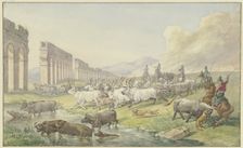 Roman peasants drive a herd of oxen and buffalo through the Water, 1838. Creator: Johann Erdmann Gottlieb Prestel