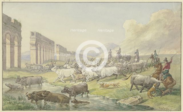 Roman peasants drive a herd of oxen and buffalo through the Water, 1838. Creator: Johann Erdmann Gottlieb Prestel.