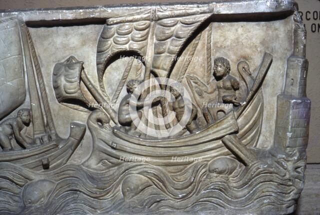 Roman relief, Merchant Ship with Lighthouse on right. Artist: Unknown.