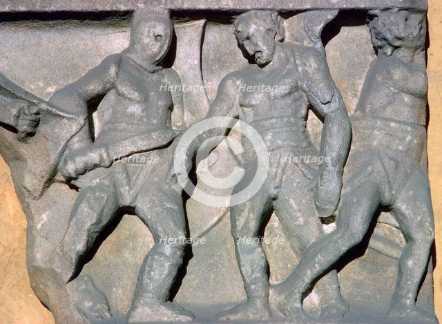 Roman relief of gladiators, 3rd century. Artist: Unknown