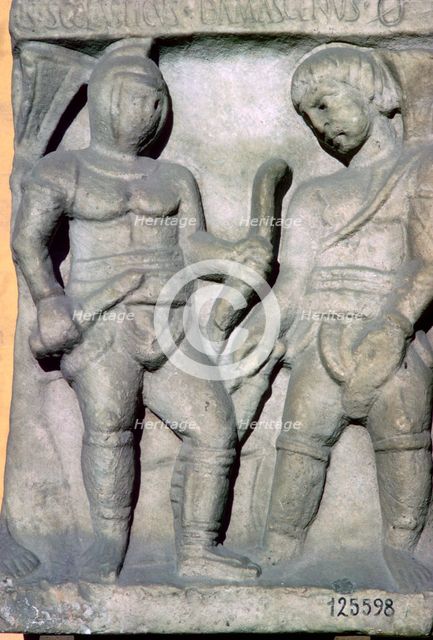 Roman relief of gladiators, 3rd century. Artist: Unknown