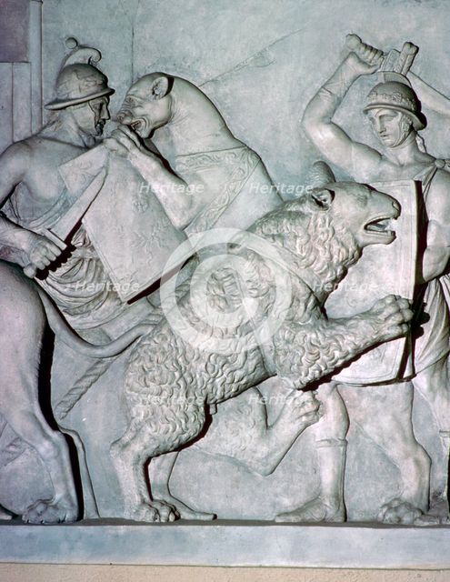 Roman relief of gladiators fighting wild beasts. Artist: Unknown