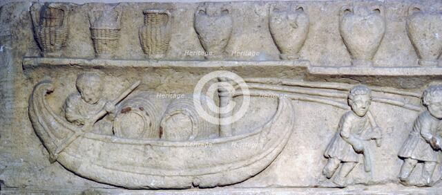 Roman relief of River Barge transporting barrels, c2nd century. Artist: Unknown.