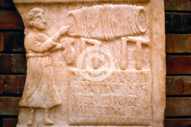 Roman relief, a woman draws wine from a cask at a Tavern, Merida, Spain, c2nd-3rd century. Artist: Unknown.