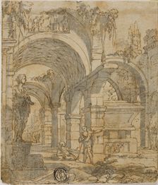 Roman Ruins and Two Figures, n.d. Creator: Giovanni Paolo Panini
