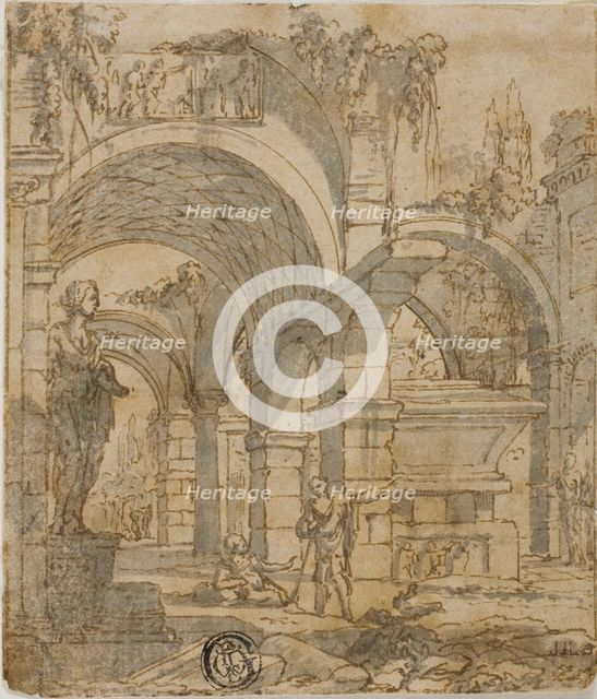 Roman Ruins and Two Figures, n.d. Creator: Giovanni Paolo Panini.