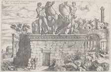 Roman ruins with the horse tamers (Dioscuri) on the Quirinal Hill, 1730-60. Creator: Giovanni Battista Pittoni