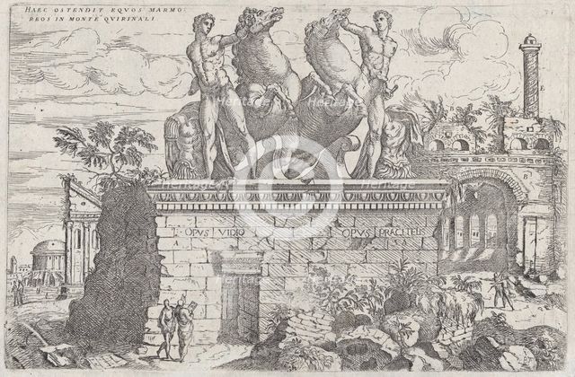 Roman ruins with the horse tamers (Dioscuri) on the Quirinal Hill, 1730-60. Creator: Giovanni Battista Pittoni.