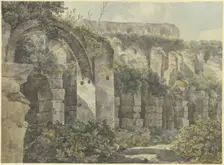 Roman ruins with a large arch and high walls, overgrown with plants, 18th century. Creator: Unknown