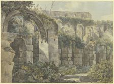 Roman ruins with a large arch and high walls, overgrown with plants, 18th century. Creator: Unknown