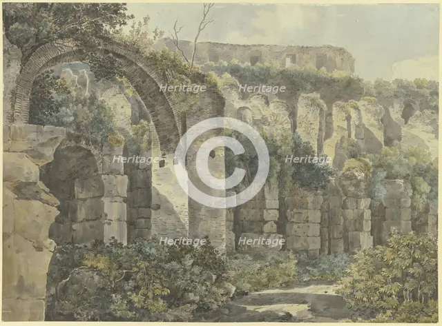 Roman ruins with a large arch and high walls, overgrown with plants, 18th century. Creator: Unknown.