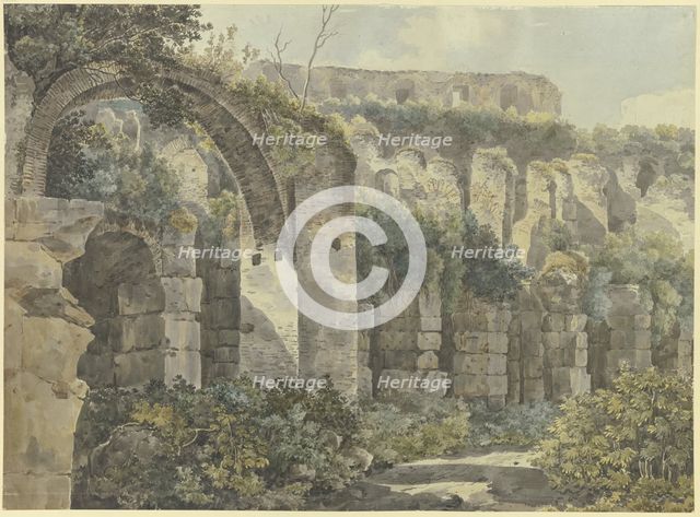 Roman ruins with a large arch and high walls, overgrown with plants, 18th century. Creator: Unknown.