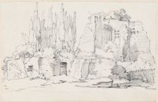 Roman Ruins with a Stand of Cypresses, 1744/1750. Creator: Joseph-Marie Vien the Elder
