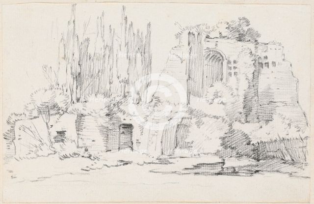 Roman Ruins with a Stand of Cypresses, 1744/1750. Creator: Joseph-Marie Vien the Elder.