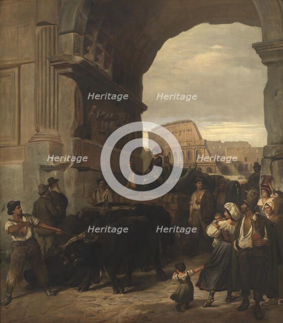 Roman Workmen Transporting an Antique Imperial Statue from the Colosseum through the..., 1866-1867. Creator: Ludvig Abelin Schou.