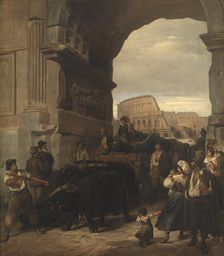 Roman Workmen Transporting an Antique Imperial Statue from the Colosseum through the..., 1866-1867. Creator: Ludvig Abelin Schou