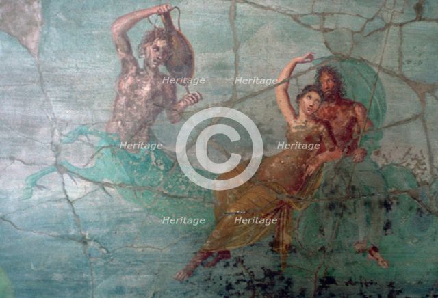 Roman wall-painting of Neptune and Amphitrite on the tail of a Triton. Creator: Unknown.