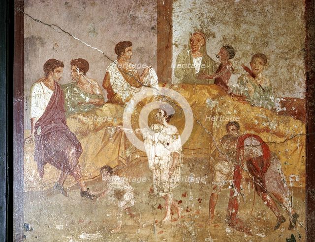 Roman wallpainting of a dinner-party, Pompeii, Italy. Creator: Unknown.