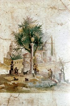 Roman wallpainting of a mythical landscape, Villa of Agrippa Posthumus, near Pompeii, Italy
