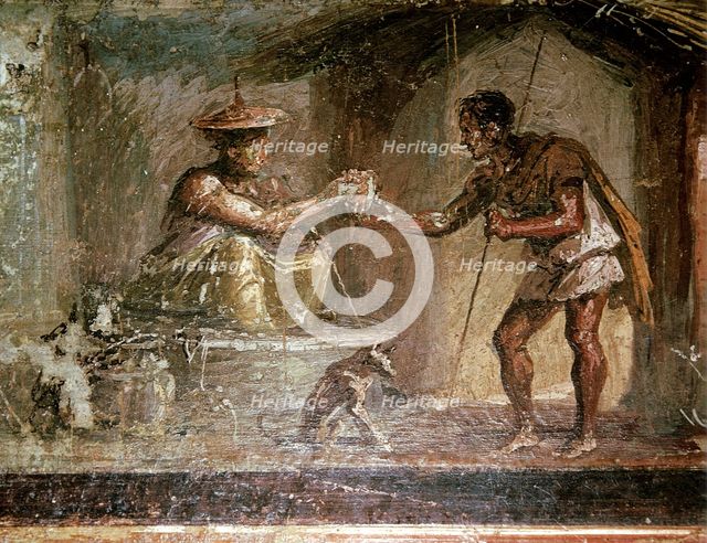 Roman wallpainting of a traveller and a water-seller, Pompeii, Italy. Creator: Unknown.