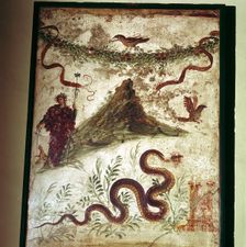 Roman wallpainting showing Mount Vesuvius and Bacchus (Dionysus) or the Genius Loci, Pompeii, Italy. Creator: Unknown