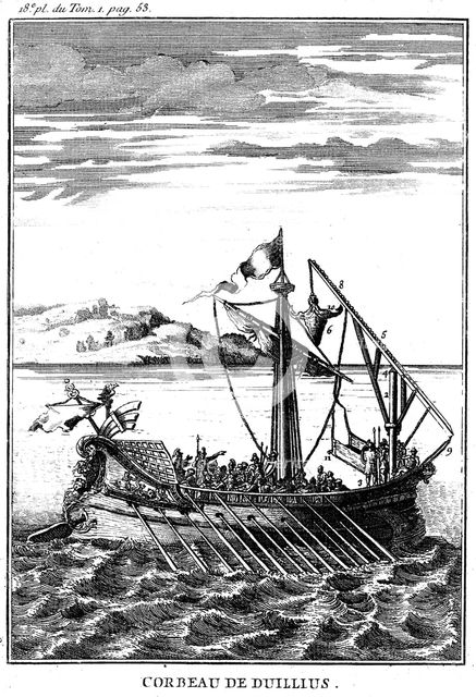 Roman war galley equipped with a corvus (right), 18th century. Artist: Unknown