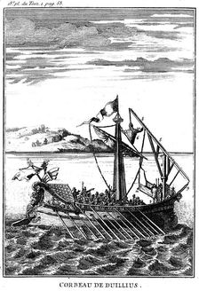 Roman war galley equipped with a corvus (right), 18th century