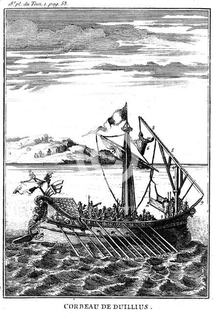 Roman war galley equipped with a corvus (right), 18th century. Artist: Unknown
