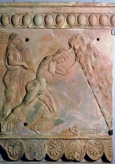 Roman terracotta Campana plaque showing Theseus lifting a huge rock