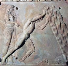 Roman terracotta Campana plaque showing Theseus lifting a huge rock