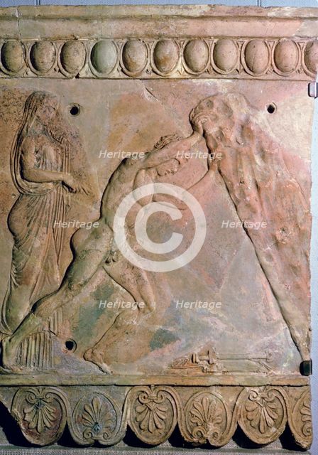 Roman terracotta Campana plaque showing Theseus lifting a huge rock. Artist: Unknown