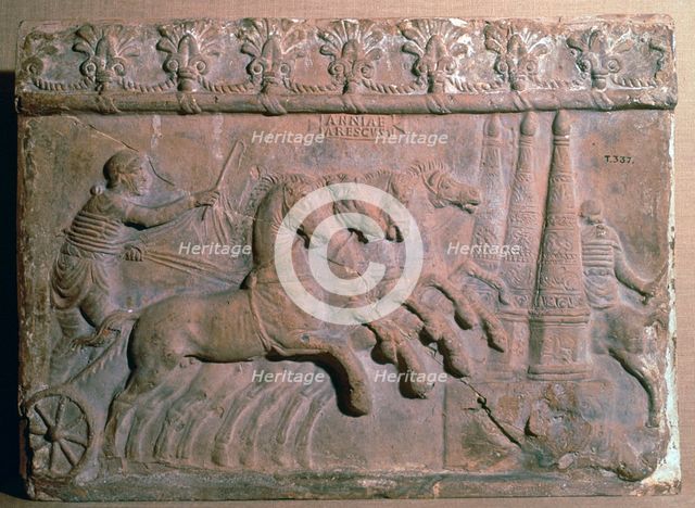 Roman terracotta panel showing a racing chariot. Artist: Unknown