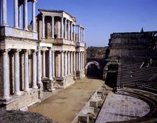 Roman Theatre of Merida, detail of the scene called Orchestra which has two floors with columns…
