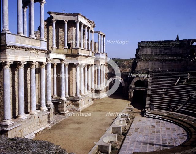 Roman Theatre of Merida, detail of the scene called 'Orchestra' which has two floors with columns…