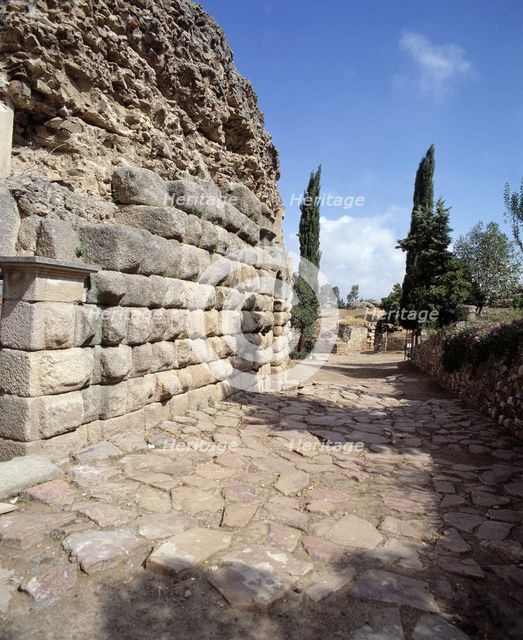 Roman Theatre of Mérida, remains of the road that gave access to the entrance vomitoriums of the …