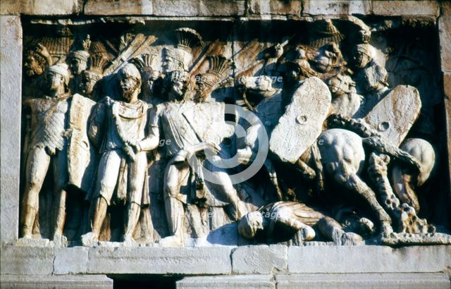 Roman Troops and Barbarians on the Arch of Constantine, relief detail, early 2nd century. Artist: Unknown.