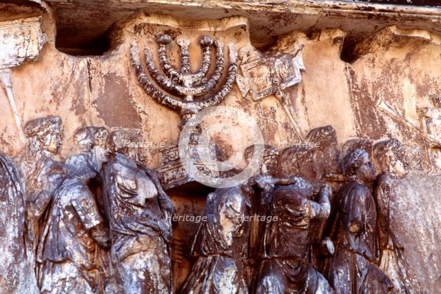 Roman troops carrying away the Menorah from the Temple at Jerusalem, 70. Artist: Unknown