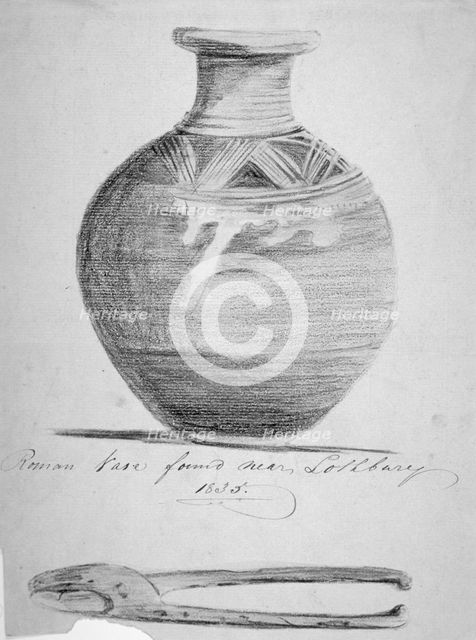 Roman vase found near Lothbury, City of London, 1835. Artist: Anon