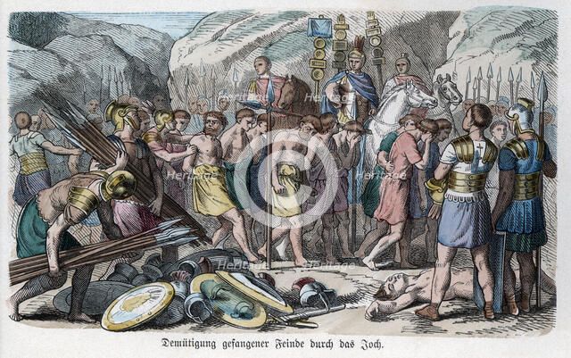 Roman victorious battle, the soldiers forcing the prisoners to pass under the yoke formed by spea…