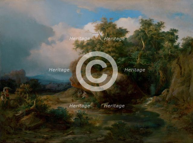 Romantic landscape with figures, c1850. Creator: Karol Vandrák.
