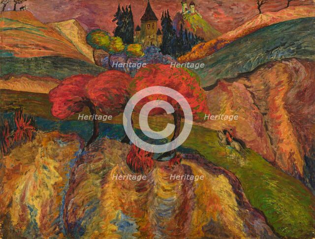 Romantic landscape with riders, c 1915. Creator: Werefkin, Marianne, von (1860-1938).