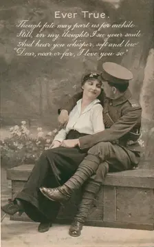 Romantic postcard featuring a soldier and his sweetheart, c1914-18