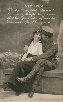 Romantic postcard featuring a soldier and his sweetheart, c1914-18
