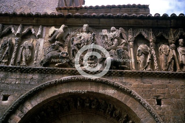 Romanesque façade of the Church of Santiago in Carrión de los Condes, detail of upper frieze with…