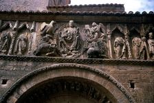 Romanesque façade of the Church of Santiago in Carrión de los Condes, detail of upper frieze with…