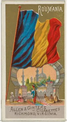 Romania, from Flags of All Nations, Series 1 (N9) for Allen & Ginter Cigarettes Brands, 1887. Creator: Allen & Ginter