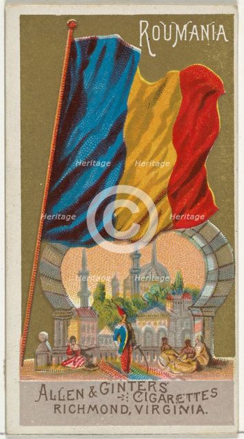 Romania, from Flags of All Nations, Series 1 (N9) for Allen & Ginter Cigarettes Brands, 1887. Creator: Allen & Ginter.