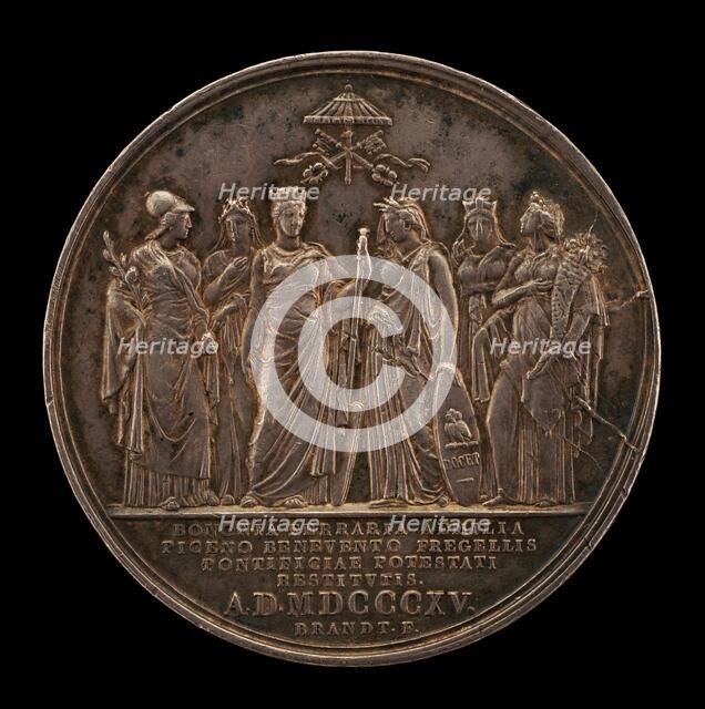 Rome and the Papal States Welcoming the Return of the Pope from Imprisonment [reverse], 1816. Creator: Henri François Brandt.