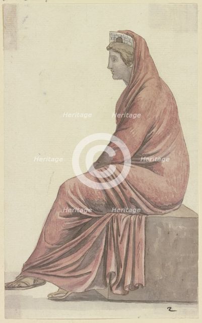 Rome: Seated woman with city crown (for Goethe's Roman Carnival), late 18th century.  Creator: Johann Georg Schütz.
