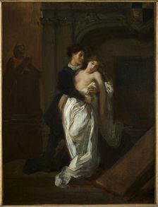 Romeo and Juliet in front of the Capulet tomb, c. 1850. Creator: Delacroix, Eugène (1798-1863)